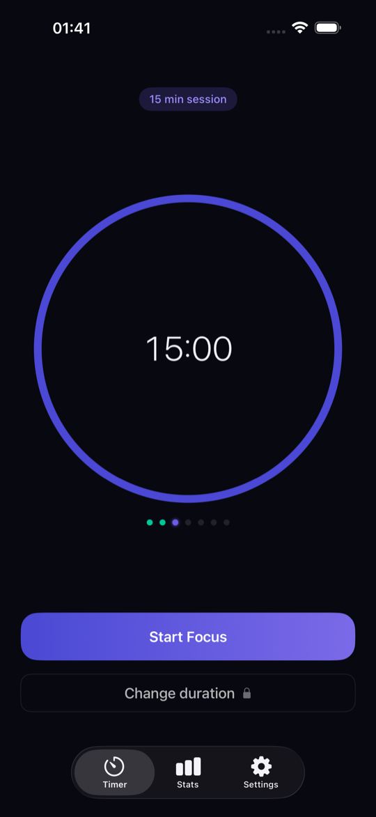 HyperFlo timer screen showing a 15-minute focus session ready to start